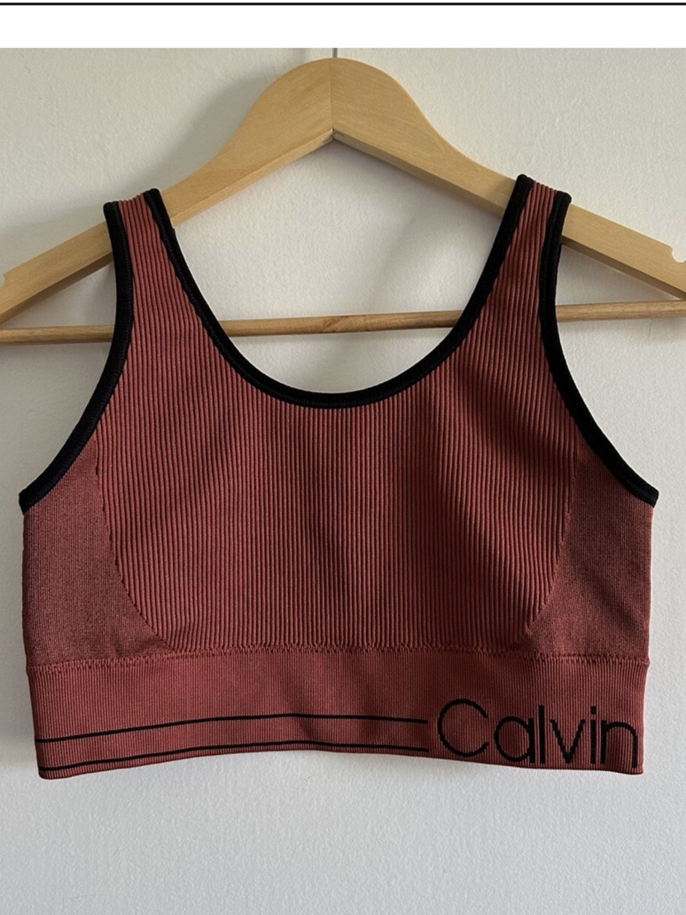 Calvin Klein Red Clay Ribbed Seamless Crop Top with Black Trim